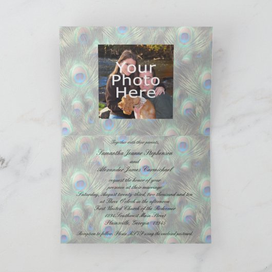 Golden Peacock Feather Folded Wedding Invitation (Binnen)
