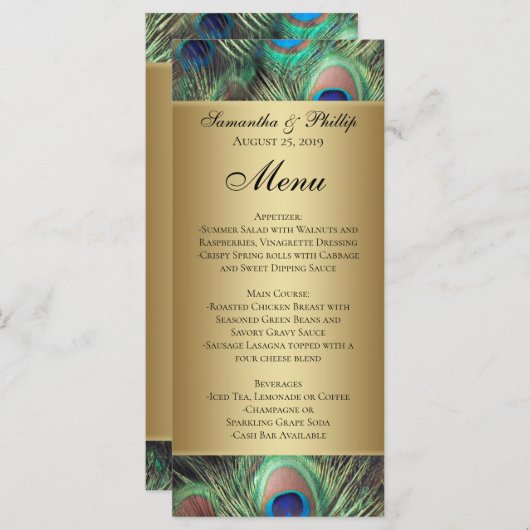 Golden Peacock Feather Wedding Menu (Voorkant / Achterkant)