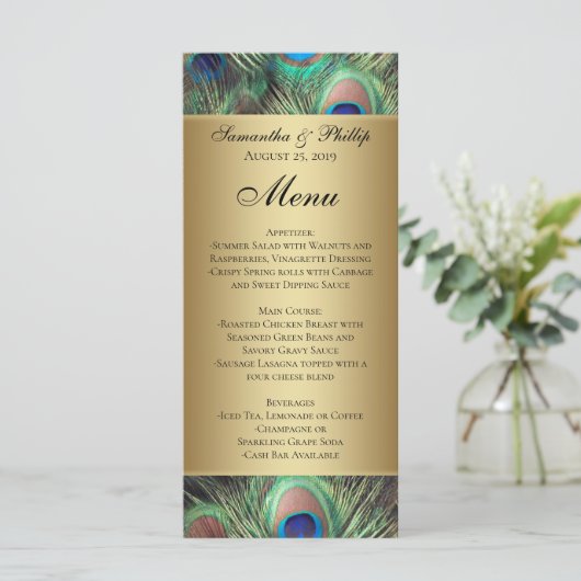Golden Peacock Feather Wedding Menu (Staand voorkant)