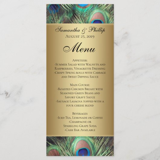 Golden Peacock Feather Wedding Menu (Voorkant)