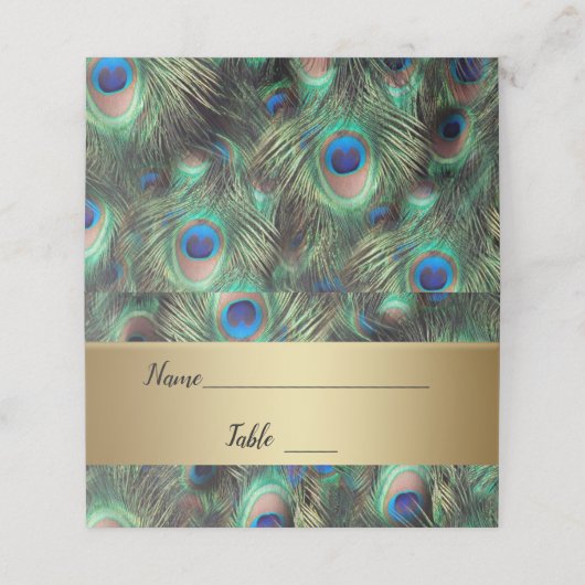 Golden Peacock Feather Wedding Plaatskaartje (Buitenkant ongevouwen)