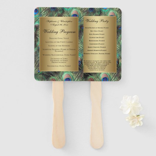 Golden Peacock Feather Wedding Programme Handwaaier (Voorkant en achterkant)