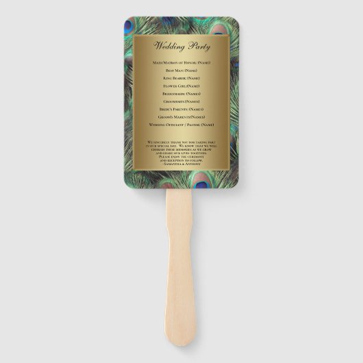 Golden Peacock Feather Wedding Programme Handwaaier (Achterkant)
