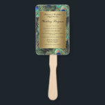 Golden Peacock Feather Wedding Programme Handwaaier<br><div class="desc">Het programma van de bruiloft en de details van de trouwpartij die op een geschikte hand worden gedrukt.. Elegant en geraffineerde pauw vether achtergrond in rijke verzadigde kleuren van koninklijk blauw, kopergoud, en blauwgroen smaragdgroen. De pauw is een statelijke vogel met sierveren en het maakt een mooi display voor een...</div>