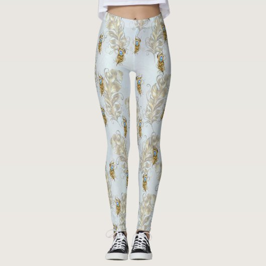 Golden Peacock Feathers en Leaves Leggings (Voorkant)
