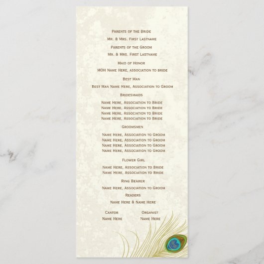 Golden Peacock Feathers Wedding Program Programmakaart (Achterkant)