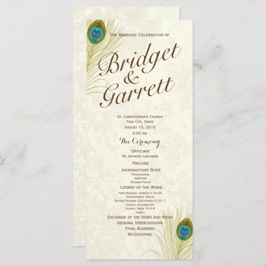 Golden Peacock Feathers Wedding Program Programmakaart (Voorkant / Achterkant)