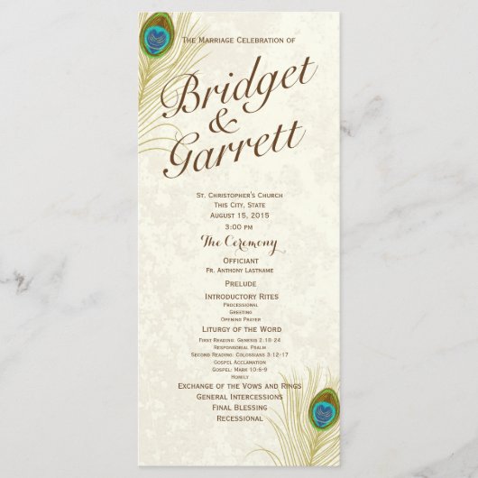 Golden Peacock Feathers Wedding Program Programmakaart (Voorkant)