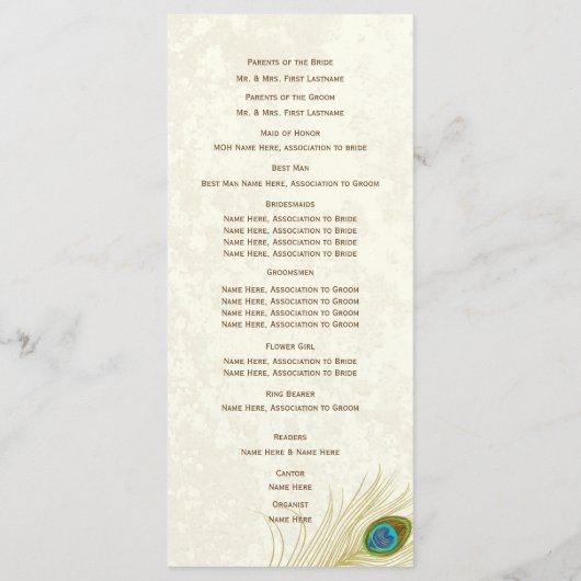 Golden Peacock Feathers Wedding Program Programmakaart (Achterkant)