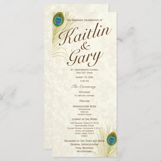 Golden Peacock Feathers Wedding Program Programmakaart (Voorkant / Achterkant)