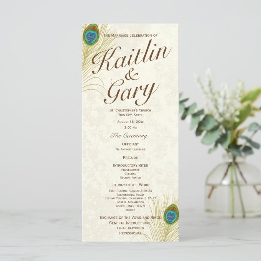 Golden Peacock Feathers Wedding Program Programmakaart (Staand voorkant)