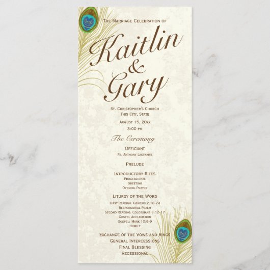 Golden Peacock Feathers Wedding Program Programmakaart (Voorkant)