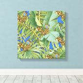 Golden Peacock Leaves on Cerulean Blue Canvas Afdruk (Insitu (Houten vloer))