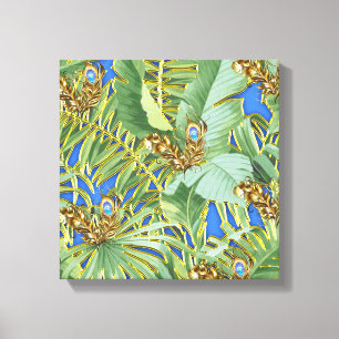 Golden Peacock Leaves on Cerulean Blue Canvas Afdruk
