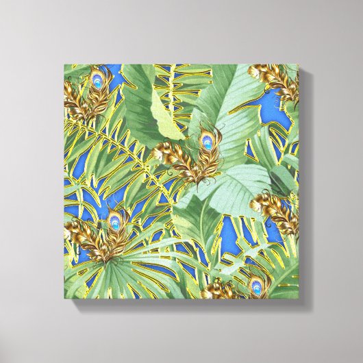 Golden Peacock Leaves on Cerulean Blue Canvas Afdruk (Voorkant)