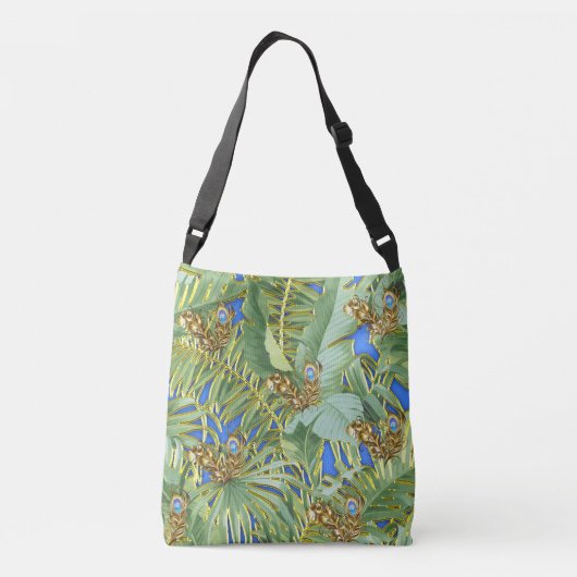 Golden Peacock Leaves on Cerulean Blue Crossbody Tas (Achterkant)