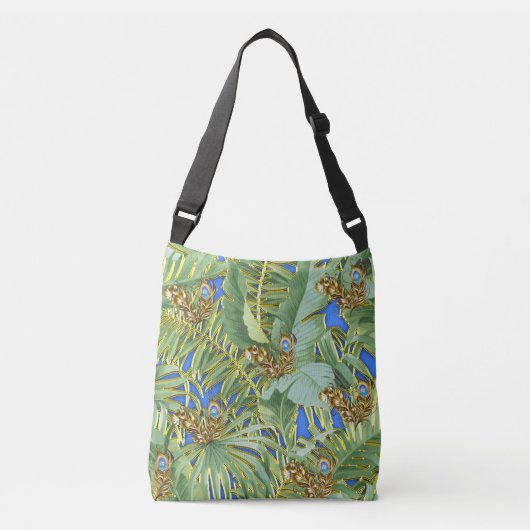 Golden Peacock Leaves on Cerulean Blue Crossbody Tas (Voorkant)