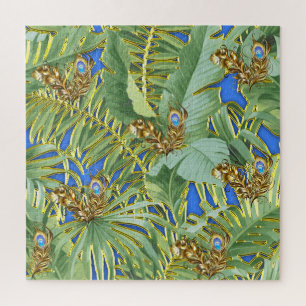 Golden Peacock Leaves on Cerulean Blue Legpuzzel