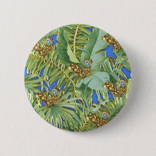 Golden Peacock Leaves on Cerulean Blue Ronde Button 5,7 Cm