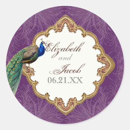 Golden Peacock & Swirls - Bruiloft Sticker of Seal (Voorkant)