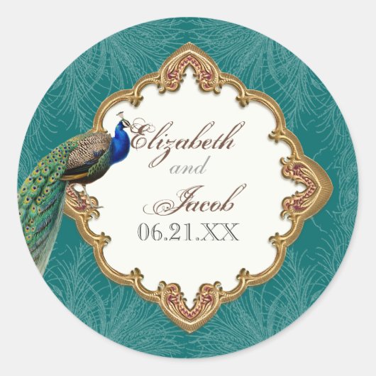 Golden Peacock & Swirls - Bruiloft Sticker of Seal (Voorkant)
