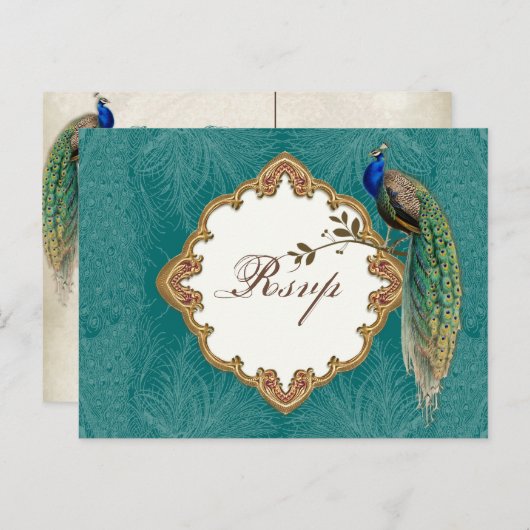 Golden Peacock & Swirls - RSVP Response Briefkaart (Voorkant / Achterkant)
