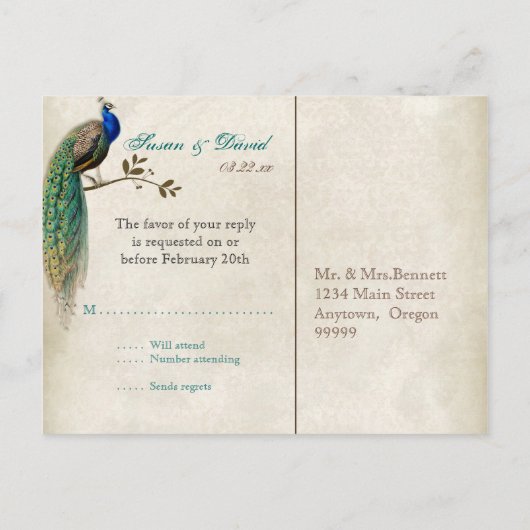 Golden Peacock & Swirls - RSVP Response Briefkaart (Achterkant)