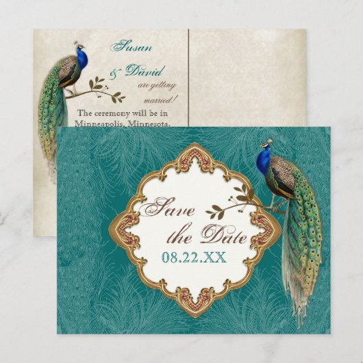 Golden Peacock & Swirls - sparen het Briefkaart va (Voorkant / Achterkant)