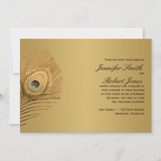 Golden Peacock Wedding Invitation Kaart (Voorkant)