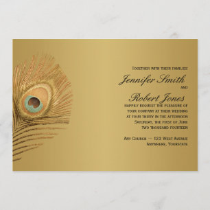 Golden Peacock Wedding Invitation Kaart