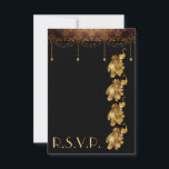 Golden Peacocks, oude Egyptische deco-bruiloft RSVP Kaartje<br><div class="desc">Deze stijlvolle bruiloft RSVP kaart is voorzien van prachtige gouden pauwen,  een oude Egyptische grens en goud hangende decoraties op een zwarte achtergrond. Enkele afbeeldingen van Origins Digital Curio op www.etsy.com/shop/OriginsDigitalCurio.</div>
