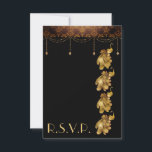Golden Peacocks, oude Egyptische deco-bruiloft RSVP Kaartje<br><div class="desc">Deze stijlvolle bruiloft RSVP kaart is voorzien van prachtige gouden pauwen,  een oude Egyptische grens en goud hangende decoraties op een zwarte achtergrond. Enkele afbeeldingen van Origins Digital Curio op www.etsy.com/shop/OriginsDigitalCurio.</div>