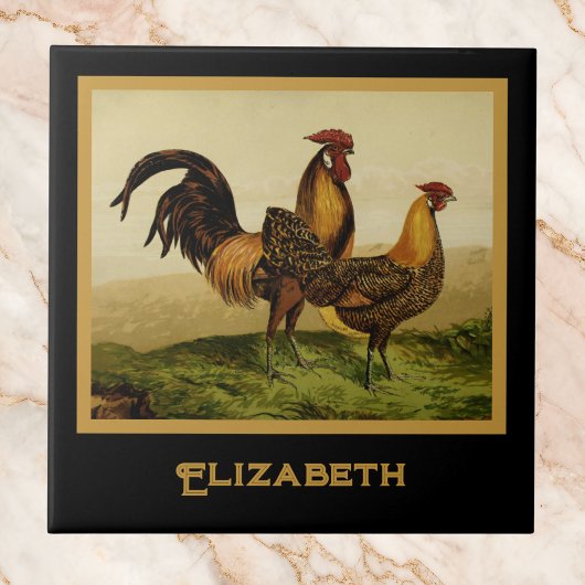 Golden Penciled Hamburg Roosters Black Monogram Tegeltje