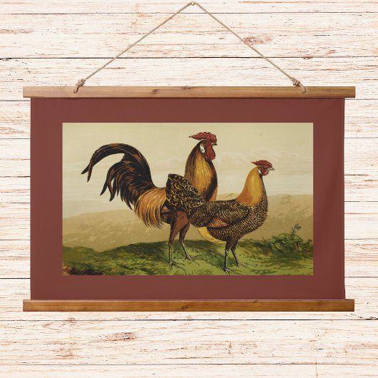 Golden Penciled Hamburg Roosters Hens on Farm Red Hangend Wandkleed