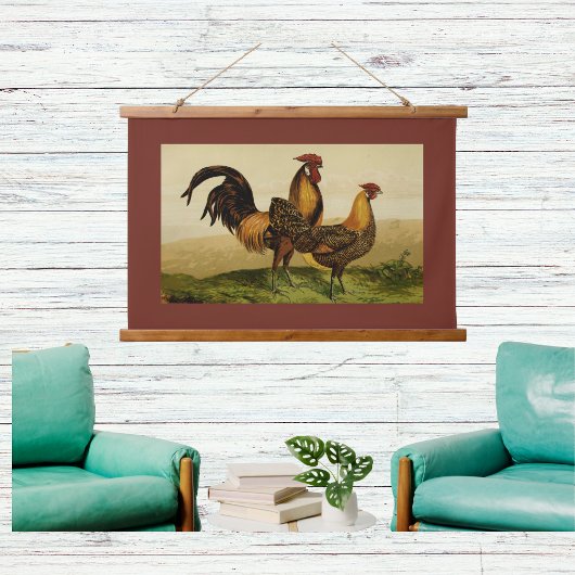 Golden Penciled Hamburg Roosters Hens on Farm Red Hangend Wandkleed