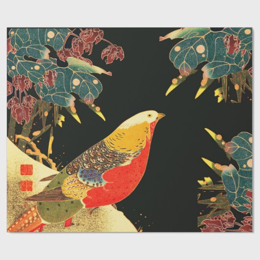Golden Pheasant in Sneeuw Antiek Japans Bloemen Cadeaupapier (Vlak)