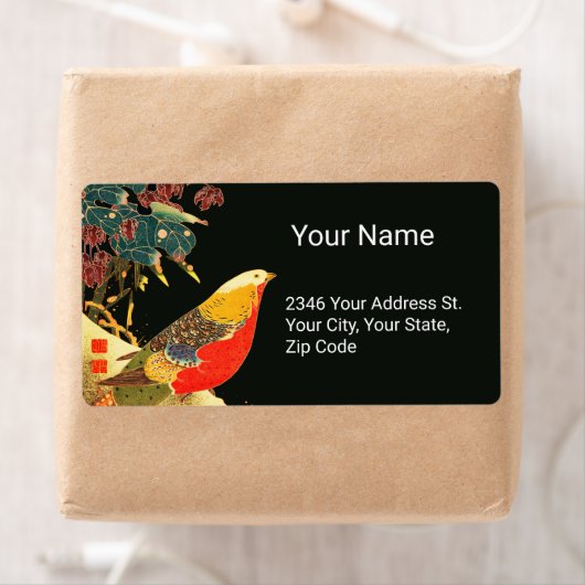 Golden Pheasant in Sneeuw Antiek Japans Bloemen Etiket (Insitu)