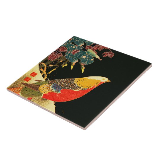 Golden Pheasant in Sneeuw Antiek Japans Bloemen Tegeltje (Zijkant)