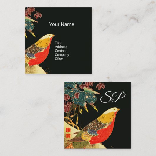 Golden Pheasant in Sneeuw Antiek Japans Bloemen Vierkante Visitekaartje (Voorkant / Achterkant)