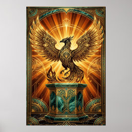 Golden Phoenix Rising Art Deco Illustration Poster