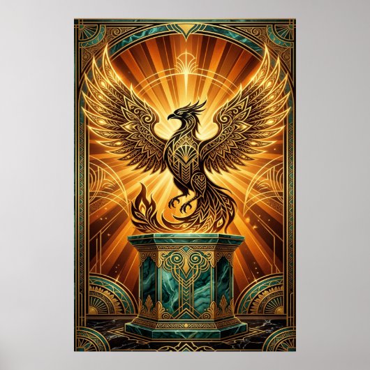 Golden Phoenix Rising Art Deco Illustration Poster (Voorkant)