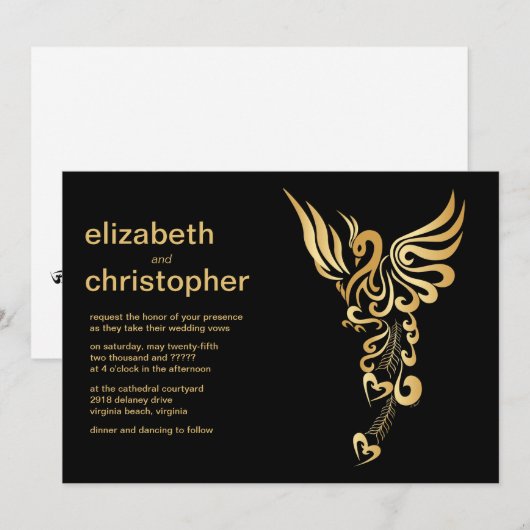 Golden Phoenix Rising Wedding Invitation Kaart (Voorkant / Achterkant)