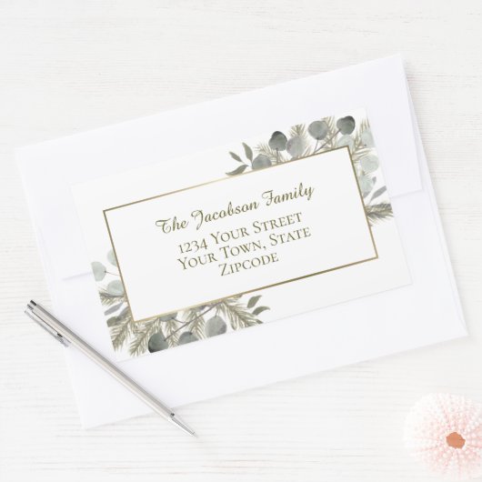 Golden Pine & Eucalyptus Vakantie retouradres Rechthoekige Sticker (Envelop)