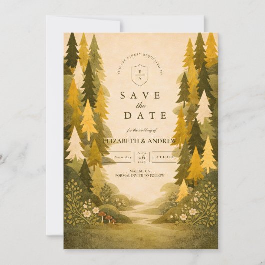 Golden Pine Forest Wedding Save The Date (Voorkant)