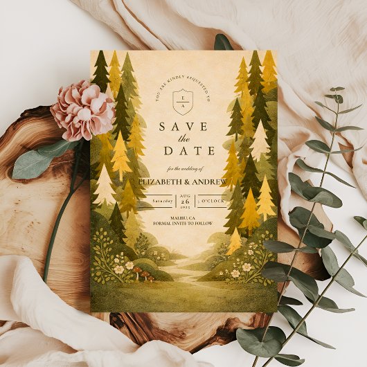 Golden Pine Forest Wedding Save The Date