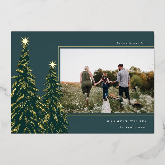 Golden Pine | Kerstfoto van Elegant Folie Feestdagenkaart (Voorkant)