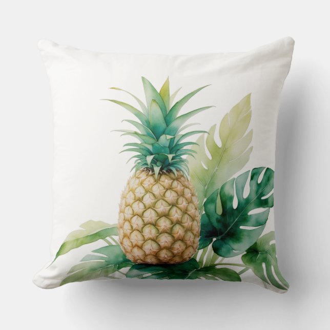 Golden Pineapple met Monstera Waterverf Tropical Kussen (Voorkant)