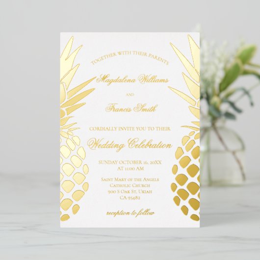 golden pineapples wedding folie uitnodiging (Staand Voorkant)