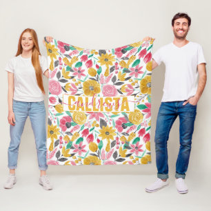 Golden Pink Flowers verlaat Waterverf kunstmonogra Fleece Deken