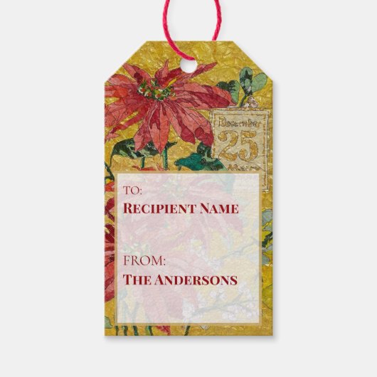Golden Poinsettia | Fine Art Vertical Christmas Cadeaulabel (Voorkant)